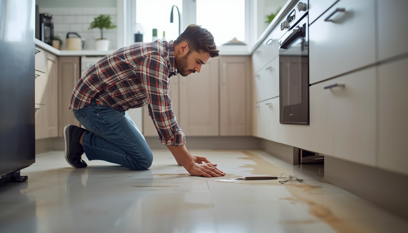 homeowner checking for water leaks in kitchen cabinets and floor