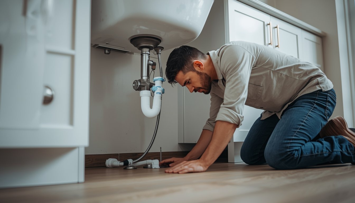 homeowner using water leak detector near wall