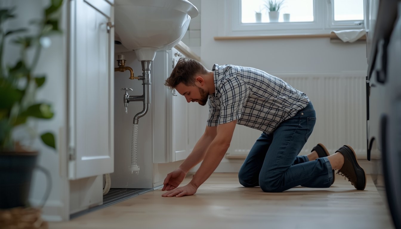 hand touching damp wooden floor area