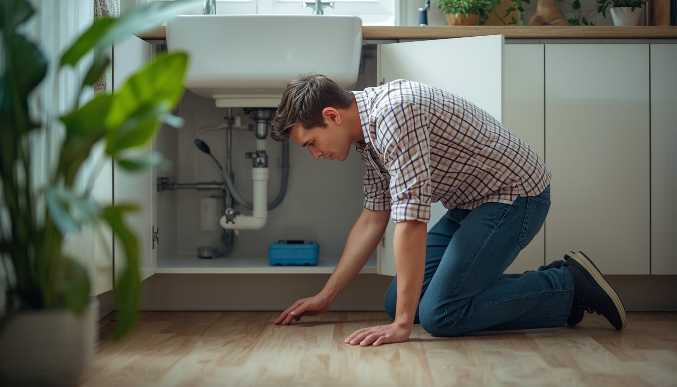 wet cabinet under kitchen sink pipes