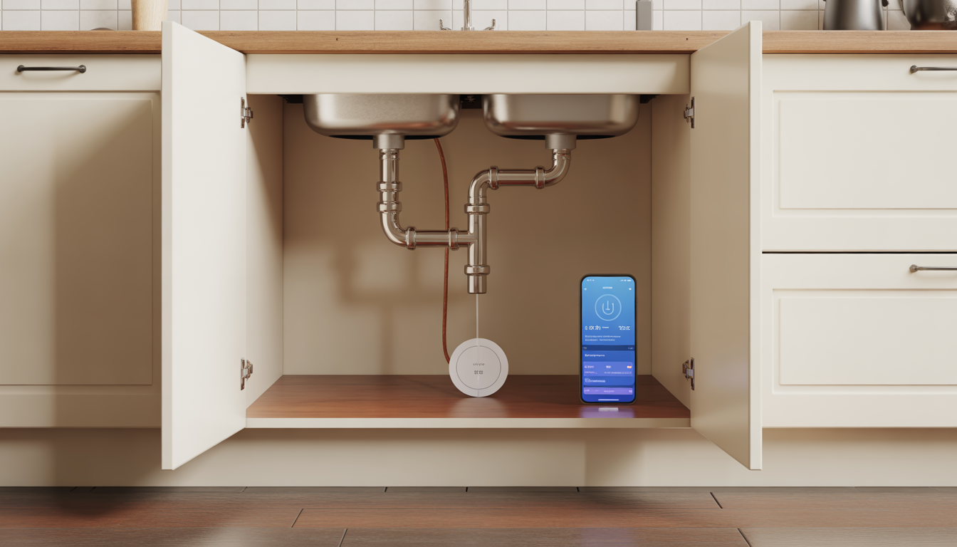 smart water leak detector placed on cabinet floor under sink with phone alert notification