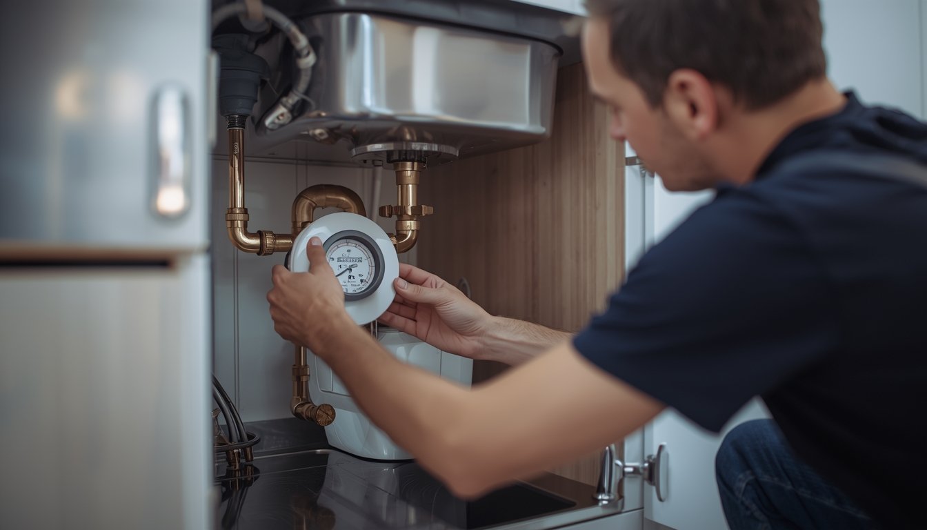 Checking a water meter and under-sink plumbing to detect a water leak in a house
