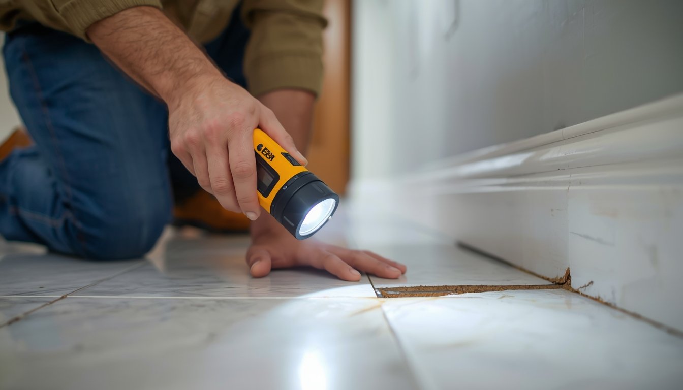 Checking a damp floor area to detect a hidden water leak in a home