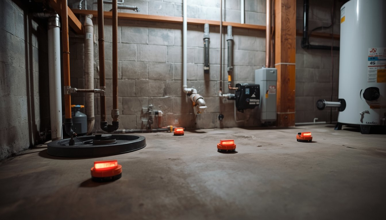 water leak detectors placed on basement floor near sump pump and water heater for early leak detection