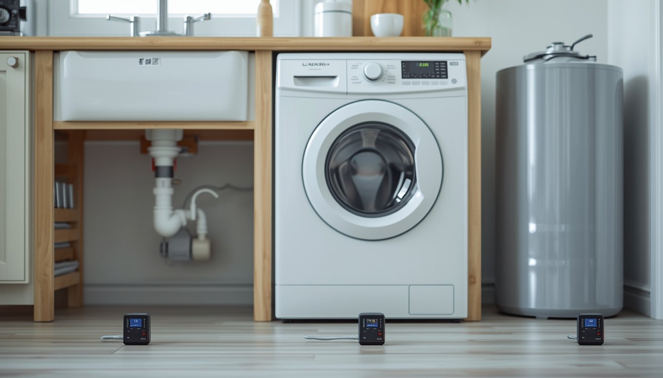 budget water leak detectors placed under sink and near appliances for low cost leak protection