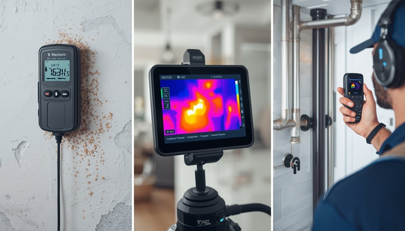 Different water leak detection methods including moisture meter, thermal imaging, and acoustic detection